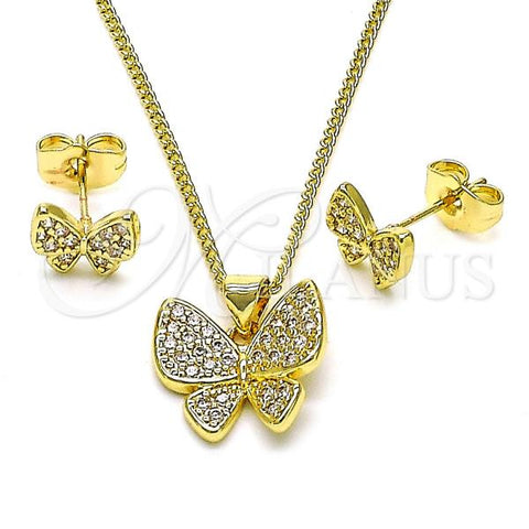 Oro Laminado Earring and Pendant Adult Set, Gold Filled Style Butterfly Design, with White Micro Pave, Polished, Golden Finish, 10.156.0478