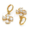 Oro Laminado Dangle Earring, Gold Filled Style Flower and Teardrop Design, with White Cubic Zirconia, Polished, Golden Finish, 02.217.0054