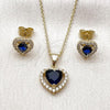 Oro Laminado Earring and Pendant Adult Set, Gold Filled Style Heart and Cluster Design, with Sapphire Blue and White Cubic Zirconia, Polished, Golden Finish, 10.156.0539.2