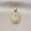 Oro Laminado Religious Pendant, Gold Filled Style Guadalupe Design, with White Cubic Zirconia, Orange Enamel Finish, Golden Finish, 05.284.0019