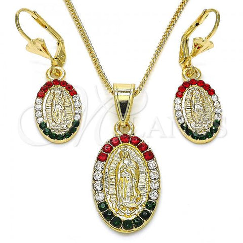Oro Laminado Earring and Pendant Adult Set, Gold Filled Style Guadalupe Design, with Multicolor Crystal, Polished, Golden Finish, 10.351.0001