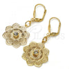 Oro Laminado Dangle Earring, Gold Filled Style Flower Design, with White Crystal, Polished, Golden Finish, 69.005