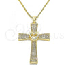 Oro Laminado Pendant Necklace, Gold Filled Style Cross and Heart Design, with White Micro Pave, Polished, Golden Finish, 04.156.0225.18