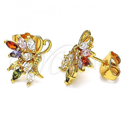Oro Laminado Stud Earring, Gold Filled Style Butterfly Design, with Multicolor Cubic Zirconia, Polished, Golden Finish, 02.387.0081.1