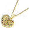 Oro Laminado Pendant Necklace, Gold Filled Style Heart Design, with Multicolor Micro Pave, Polished, Golden Finish, 04.156.0336.3.20