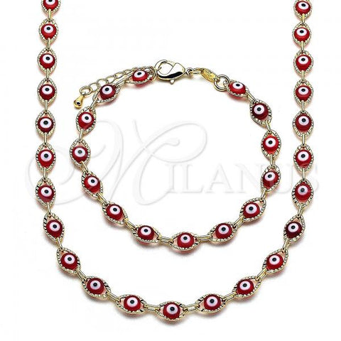 Oro Laminado Necklace and Bracelet, Gold Filled Style Evil Eye Design, Red Resin Finish, Golden Finish, 06.63.0199.2