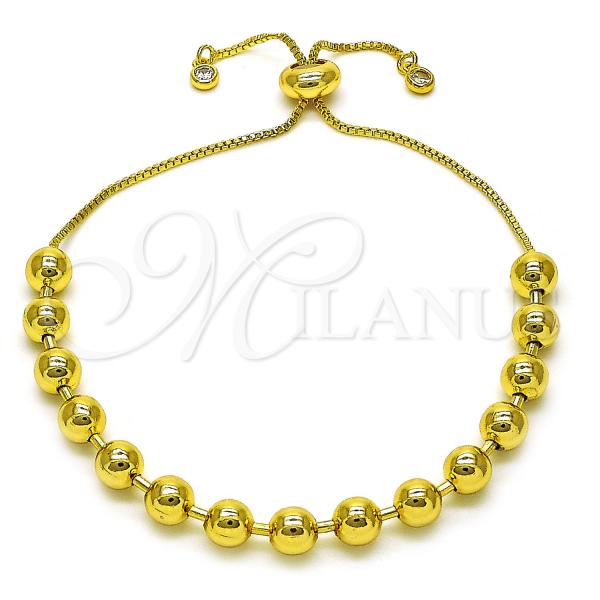 Oro Laminado Adjustable Bolo Bracelet, Gold Filled Style Ball and Box Design, with White Cubic Zirconia, Polished, Golden Finish, 03.417.0004.11