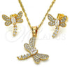 Oro Laminado Earring and Pendant Adult Set, Gold Filled Style Dragon-Fly Design, with White Cubic Zirconia, Polished, Golden Finish, 10.316.0034