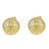 Oro Laminado Stud Earring, Gold Filled Style Caridad del Cobre Design, with White Micro Pave, Polished, Golden Finish, 02.213.0264