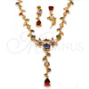 Oro Laminado Necklace and Earring, Gold Filled Style Flower and Leaf Design, with Multicolor Cubic Zirconia, Polished, Golden Finish, 06.205.0002.1