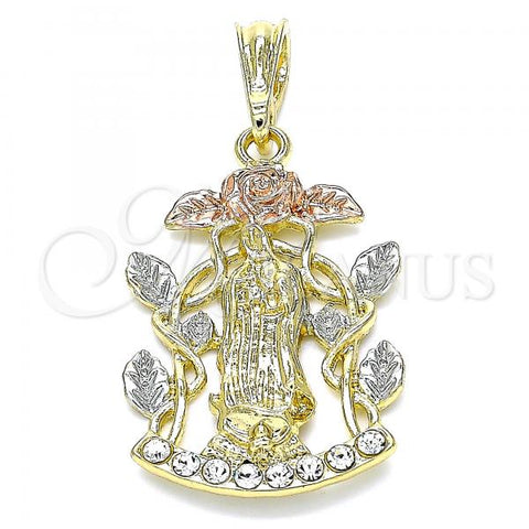 Oro Laminado Religious Pendant, Gold Filled Style Guadalupe and Flower Design, with White Crystal, Polished, Tricolor, 05.380.0010