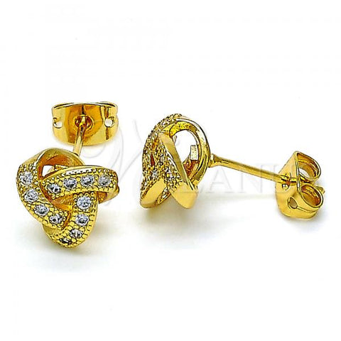 Oro Laminado Stud Earring, Gold Filled Style Love Knot Design, with White Micro Pave, Polished, Golden Finish, 02.342.0071