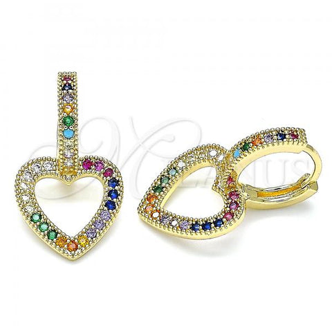 Oro Laminado Huggie Hoop, Gold Filled Style Heart Design, with Multicolor Micro Pave, Polished, Golden Finish, 02.210.0449.2.15