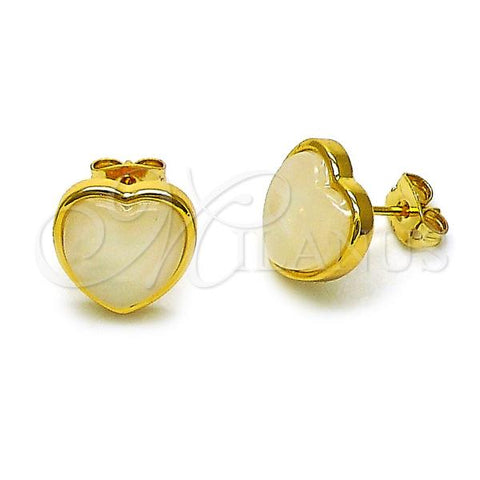 Oro Laminado Stud Earring, Gold Filled Style Heart Design, with Ivory Opal, Polished, Golden Finish, 02.342.0359