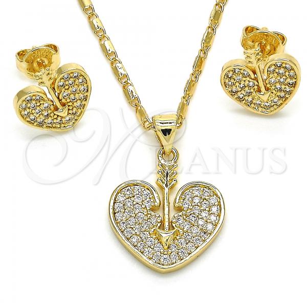 Oro Laminado Earring and Pendant Adult Set, Gold Filled Style Heart Design, with White Micro Pave, Polished, Golden Finish, 10.156.0149