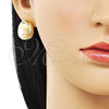 Oro Laminado Stud Earring, Gold Filled Style Leaf Design, with Ivory Micro Pave, Polished, Golden Finish, 02.195.0337