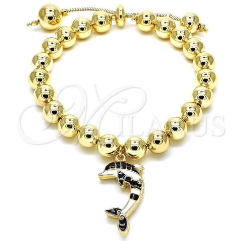 Oro Laminado Adjustable Bolo Bracelet, Gold Filled Style Dolphin and Ball Design, with White Crystal, Black Enamel Finish, Golden Finish, 03.63.2035.2.08