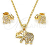 Oro Laminado Earring and Pendant Adult Set, Gold Filled Style Elephant Design, with White and Ruby Micro Pave, Polished, Golden Finish, 10.199.0079