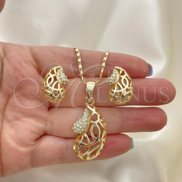 Oro Laminado Earring and Pendant Adult Set, Gold Filled Style with White Crystal, Polished, Golden Finish, 10.160.0087