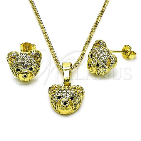 Oro Laminado Earring and Pendant Adult Set, Gold Filled Style Teddy Bear Design, with White and Black Micro Pave, Polished, Golden Finish, 10.299.0002
