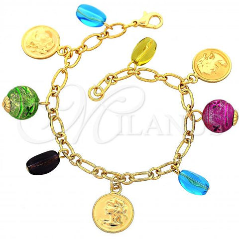 Oro Laminado Charm Bracelet, Gold Filled Style Madonna and Ball Design, with Blue Topaz and Amethyst Opal, Polished, Golden Finish, 03.91.0043