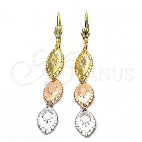 Oro Laminado Long Earring, Gold Filled Style Diamond Cutting Finish, Tricolor, 02.63.2172