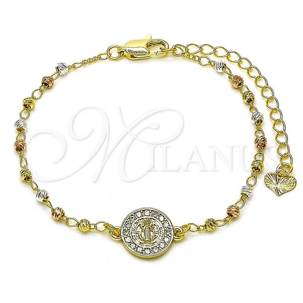 Oro Laminado Fancy Bracelet, Gold Filled Style San Benito and Ball Design, with White Cubic Zirconia, Diamond Cutting Finish, Tricolor, 03.253.0105.07