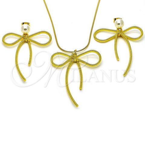 Oro Laminado Earring and Pendant Adult Set, Gold Filled Style Bow and Ball Design, with Ivory Pearl, Diamond Cutting Finish, Golden Finish, 10.417.0007
