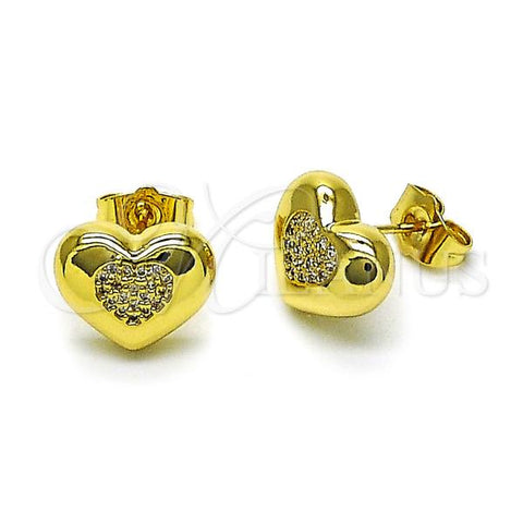 Oro Laminado Stud Earring, Gold Filled Style Heart Design, with White Micro Pave, Polished, Golden Finish, 02.156.0693