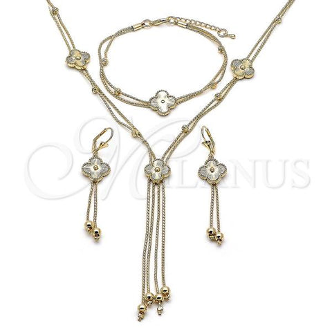 Oro Laminado Necklace, Bracelet, Earring and Ring, Gold Filled Style Four-leaf Clover Design, Diamond Cutting Finish, Golden Finish, 06.372.0086