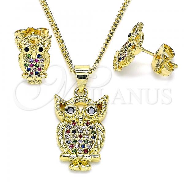 Oro Laminado Earring and Pendant Adult Set, Gold Filled Style Owl Design, with Multicolor Micro Pave, Polished, Golden Finish, 10.156.0340.1