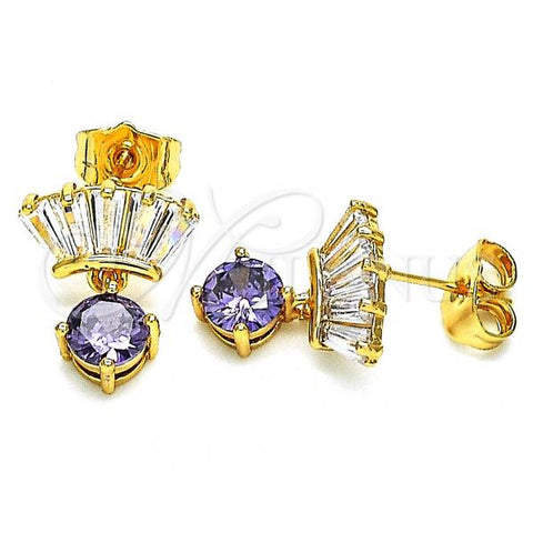 Oro Laminado Stud Earring, Gold Filled Style with Amethyst and White Cubic Zirconia, Polished, Golden Finish, 02.387.0104.3