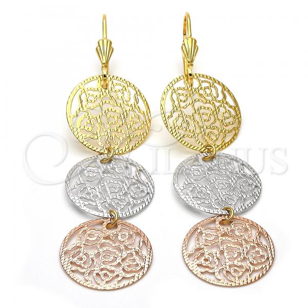 Oro Laminado Long Earring, Gold Filled Style Flower Design, Diamond Cutting Finish, Tricolor, 5.063.010
