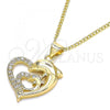 Oro Laminado Pendant Necklace, Gold Filled Style Heart and Dolphin Design, with White Micro Pave, Polished, Golden Finish, 04.344.0001.18