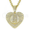 Oro Laminado Fancy Pendant, Gold Filled Style Heart and Guadalupe Design, Diamond Cutting Finish, Golden Finish, 05.351.0081