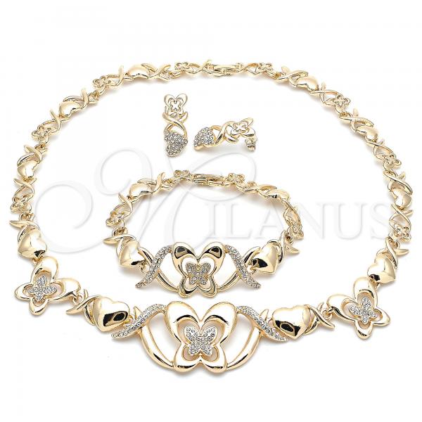 Oro Laminado Necklace, Bracelet and Earring, Gold Filled Style Hugs and Kisses and Butterfly Design, with White Crystal, Polished, Golden Finish, 06.372.0020