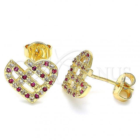 Oro Laminado Stud Earring, Gold Filled Style Heart Design, with Ruby and White Micro Pave, Polished, Golden Finish, 02.233.0023.2