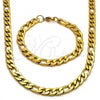 Stainless Steel Necklace and Bracelet, Figaro Design, Polished, Golden Finish, 06.256.0011