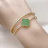 Oro Laminado Individual Bangle, Gold Filled Style Four-leaf Clover Design, with White Cubic Zirconia and Light Green Mother of Pearl, Polished, Golden Finish, 07.283.0003.2