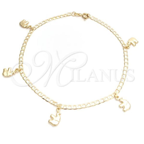 Oro Laminado Charm Anklet , Gold Filled Style Elephant and Concave Cuban Design, Polished, Golden Finish, 03.58.0038.10