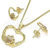 Oro Laminado Earring and Pendant Adult Set, Gold Filled Style Heart Design, with Garnet Micro Pave, Polished, Golden Finish, 10.156.0247.2