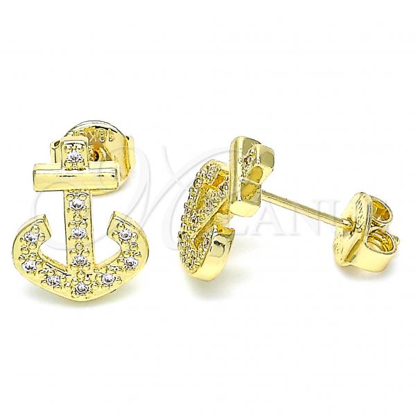 Oro Laminado Stud Earring, Gold Filled Style Anchor Design, with White Micro Pave, Polished, Golden Finish, 02.156.0463