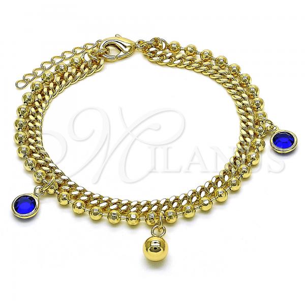 Oro Laminado Charm Bracelet, Gold Filled Style Rattle Charm and Expandable Bead Design, with Sapphire Blue Cubic Zirconia, Polished, Golden Finish, 03.213.0189.07