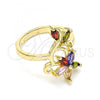 Oro Laminado Multi Stone Ring, Gold Filled Style Flower and Leaf Design, with Multicolor Cubic Zirconia, Polished, Golden Finish, 01.210.0144.08