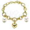 Oro Laminado Charm Bracelet, Gold Filled Style Heart and Ball Design, with Ivory Pearl and White Cubic Zirconia, Polished, Golden Finish, 03.331.0259.08