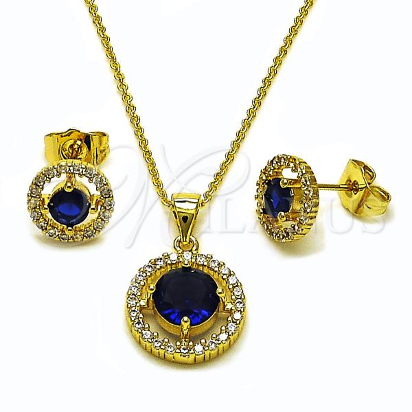 Oro Laminado Earring and Pendant Adult Set, Gold Filled Style Cluster Design, with Sapphire Blue and White Cubic Zirconia, Polished, Golden Finish, 10.156.0540.2
