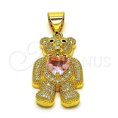 Oro Laminado Fancy Pendant, Gold Filled Style Teddy Bear and Heart Design, with Pink Cubic Zirconia and White Micro Pave, Polished, Golden Finish, 05.342.0166.1