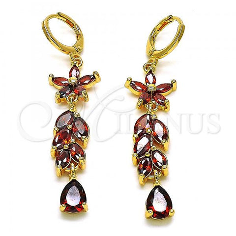 Oro Laminado Long Earring, Gold Filled Style Flower and Leaf Design, with Garnet Cubic Zirconia, Polished, Golden Finish, 02.210.0826.1