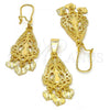 Oro Laminado Earring and Pendant Adult Set, Gold Filled Style Heart Design, Diamond Cutting Finish, Golden Finish, 10.170.0012