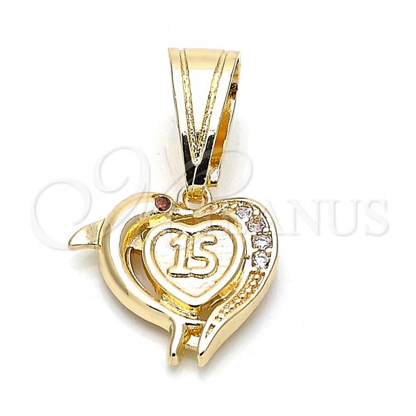 Oro Laminado Fancy Pendant, Gold Filled Style Heart and Dolphin Design, with Garnet and White Cubic Zirconia, Polished, Golden Finish, 05.120.0087